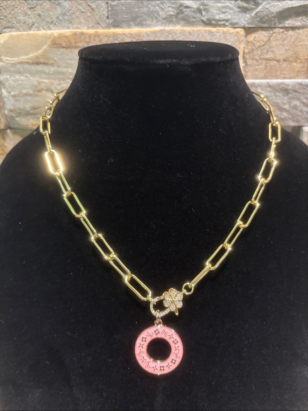 Gold Plated Chain Necklace with Pink Enamel Round Pendant